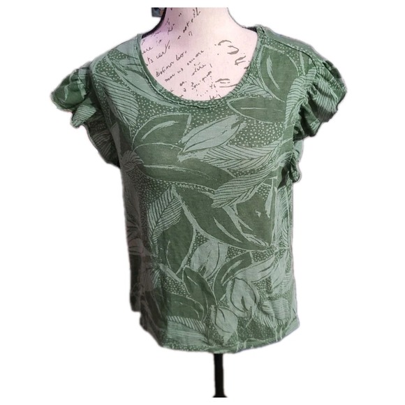 Pilcro Green Leaf Print Short Sleeve Top Womens XXS Anthropologie Casual Tee - Picture 1 of 5